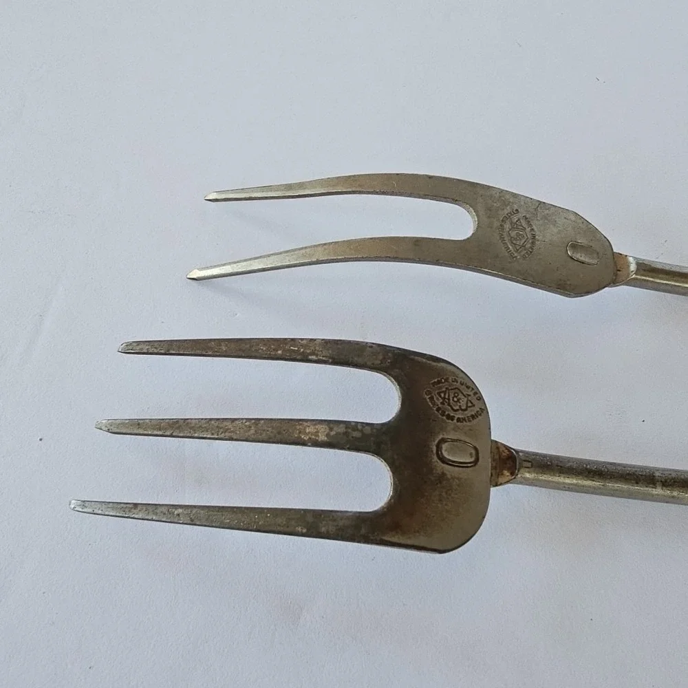 Vintage A&J Meat Serving Fork Set Red Wood Handle Made in USA‎ Rustic Farmhouse